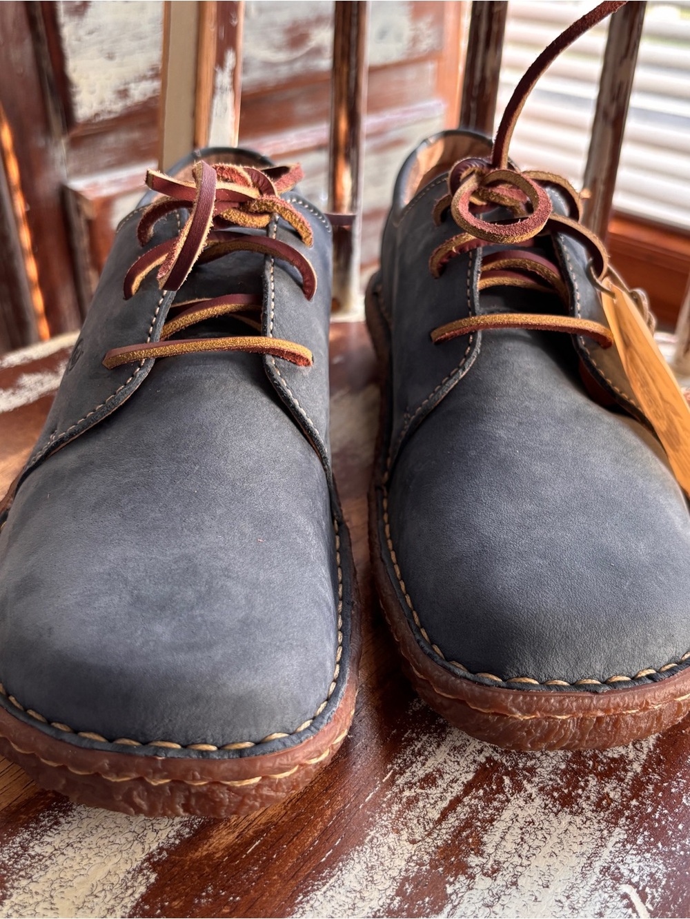 Born Ladies Leather Slate Blue Leather loafers with Tan Leather Laces Size 8.5 - Picture 3 of 9